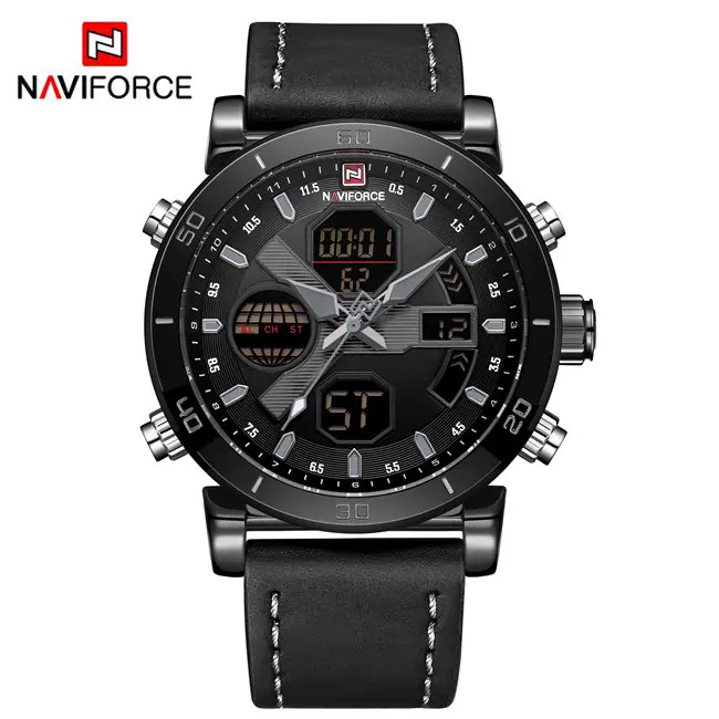 BGYB NAVIFORCE, Брендовые мужские часы, спортивные, военные, двойной дисплей, кожаные, круглые, 3 АТМ, водонепроницаемые, многофункциональные, наручные часы, мужские часы - Цвет: BGYB