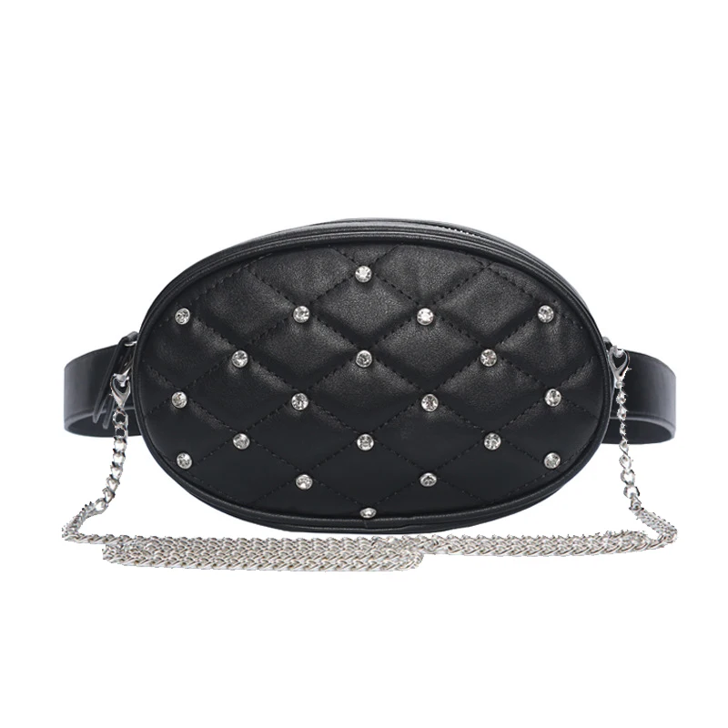 Black PU with chain Высокое качество, Женская поясная сумка, искусственная кожа, бархат, пояс, сумки через плечо, блестящие стразы, банан, удобная нагрудная сумка - Цвет: Black PU with chain