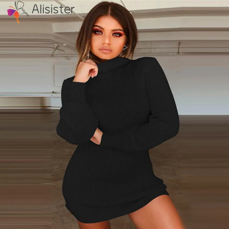 

Women Fashion Mini Wool Dresses Turtleneck Long Sleeve Bodycon Dress Elegant Autumn Winter Sweater Dress Vestidos Feminino