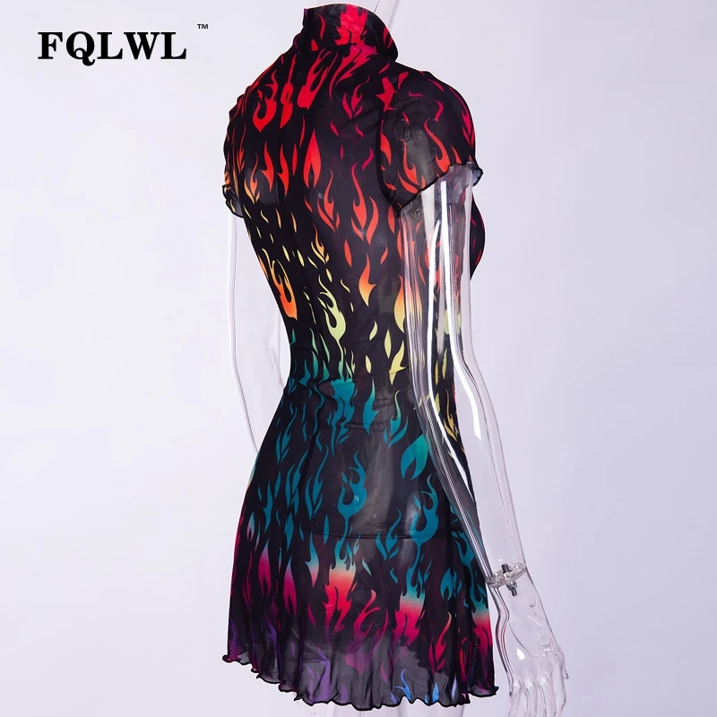 FQLWL Fire Print прозрачный сетчатый сексуальный Клубное платье для женщин с коротким рукавом Boho Прозрачное мини-платье женские летние короткие вечерние платья