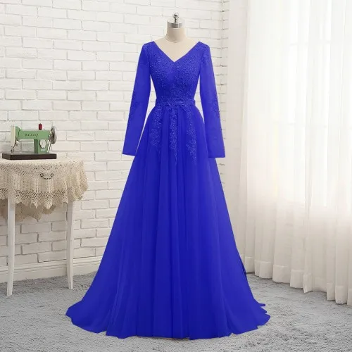 Royal Blue Новое Вечернее Платье Vestido, Длинные вечерние платья цвета шампана с длинными рукавами, соблазнительное Тюлевое платье с аппликацией для выпускного вечера PW923 - Цвет: Royal Blue
