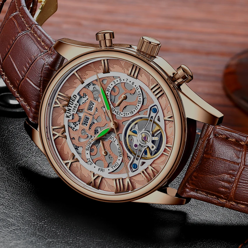 Автоматические Мужские часы KINYUED Tourbillon скелетоны цвета розового золота с датой