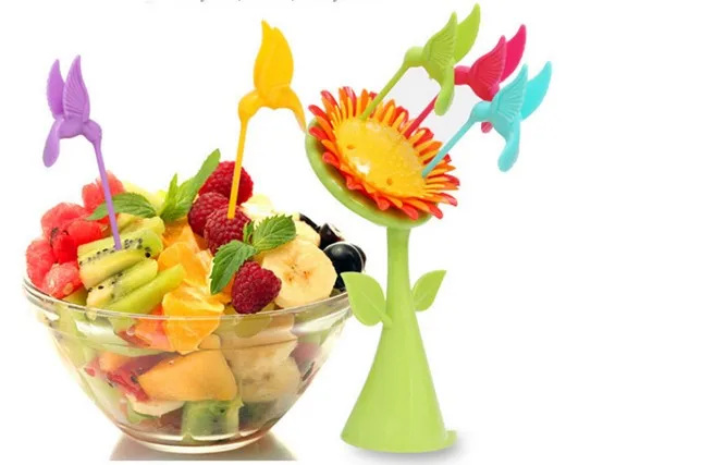 

1SET 1 Stand+5 Forks Birds And Sunflower Forks Design Plastic Fruit Forks Tableware Fruit Cake Snacks Fork Random Color OK 0319