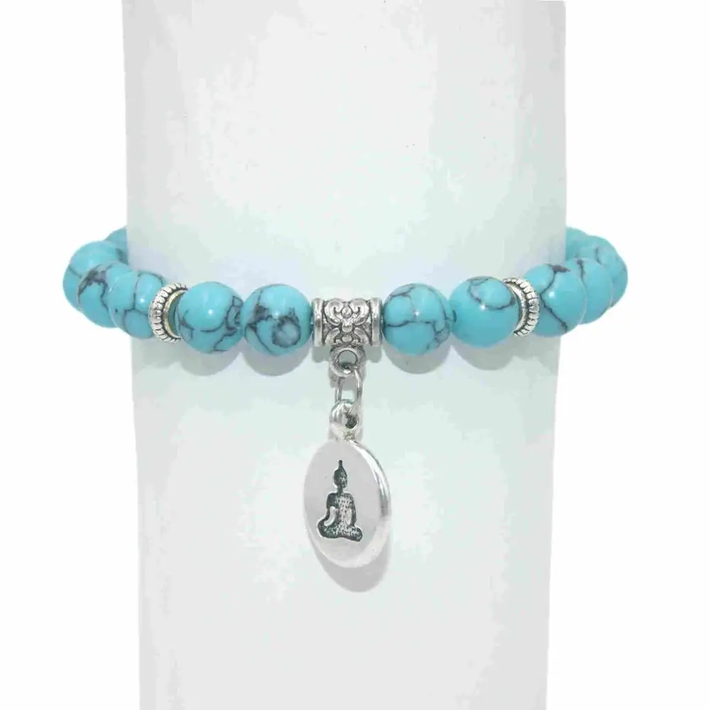 Lake Blue Turquoise Будда из натурального камня бусины аметисты Агаты лазурит тигровый глаз бирюза для мужчин Исцеление йогой баланс браслет - Окраска металла: Lake Blue Turquoise