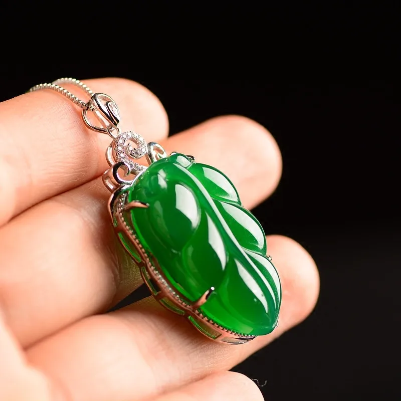 

Certificate Natural Medullary Jade Necklace Pendant Carved Leaf 925 Silver Women Men Jewelry Gift With Box