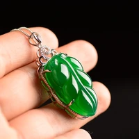 certificate natural medullary jade necklace pendant carved leaf 925 silver women men jewelry gift with box