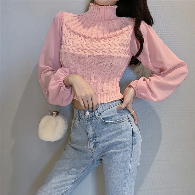 OllyMurs New Fashion Women Slim Knitted Sweater Chiffon Stitching Ladies O-neck Sexy Short Tops Sweaters Lantern Sleeve Knitwear | Женская