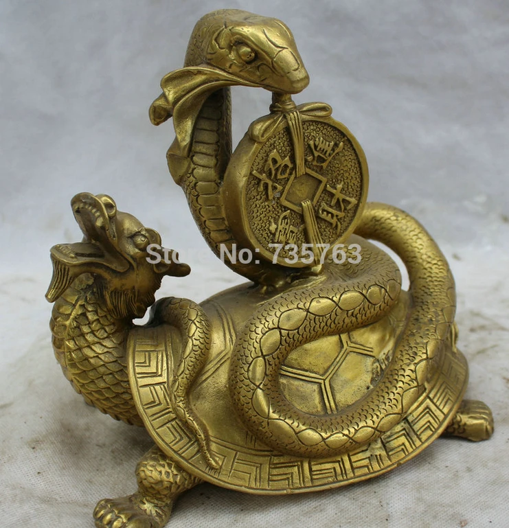 ZSR 001473 8" Chinese Folk Fengshui Brass Wealth Zodiac Snake Dragon Tortoise Turtle Statue | Дом и сад