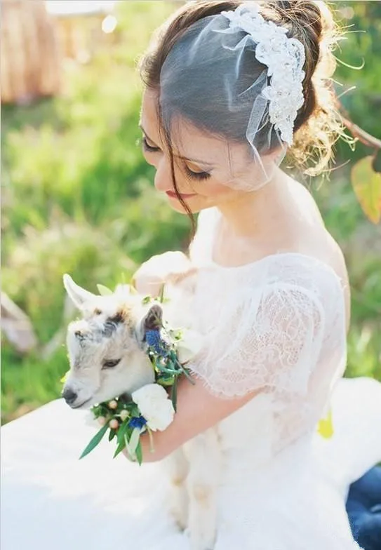 

Romantic Short Sleeve A Line Wedding Gowns Vintage Lace Zipper Backless Beach Garden Bridal Wedding dress Brides Gowns Vestidos