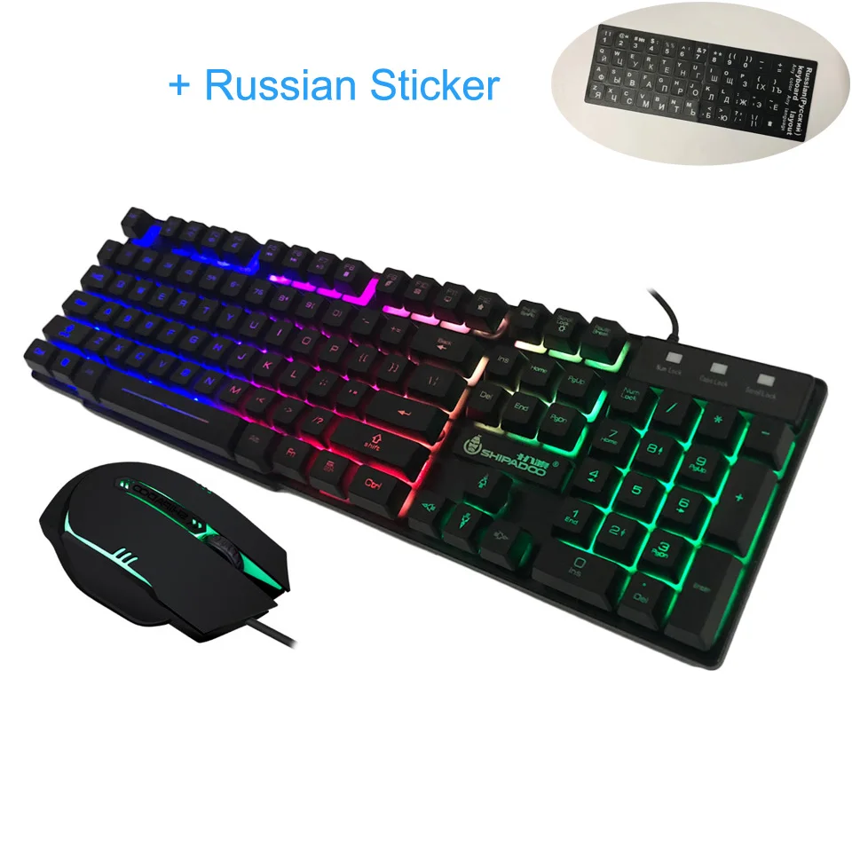 K500 USB Проводная игровая клавиатура стандарт 104 клавиш эргономичная мультимедийная клавиатура Радужная светодиодная подсветка с русской наклейкой - Цвет: BK Keyboard Mouse RU