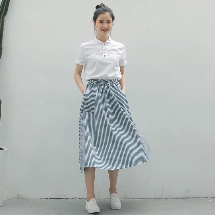Mori Girl летняя длинная юбка новая японская винтажная Saia Midi Женская Полосатая хлопковая и льняная юбка с карманами зеленая, синяя одежда