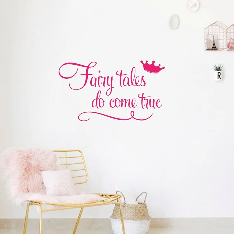 

Princess with crown wall quote decal stickers - Fairy tales Do Come True - Princess Wall Stickers baby girls room Art Decor