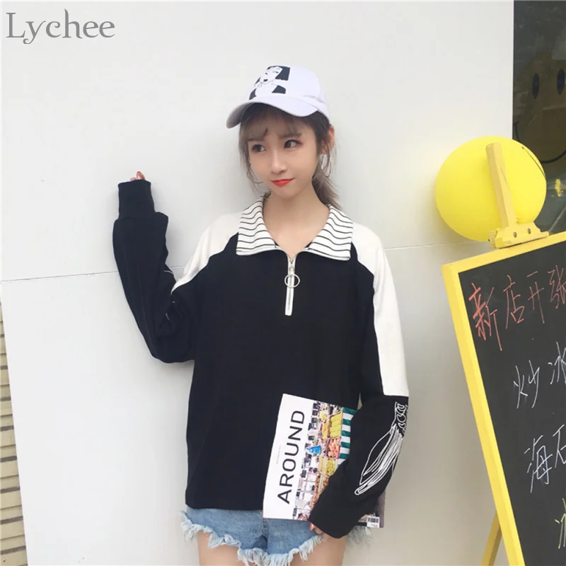Lychee осень-зима Женская толстовка в полоску с вышивкой и отложным воротником