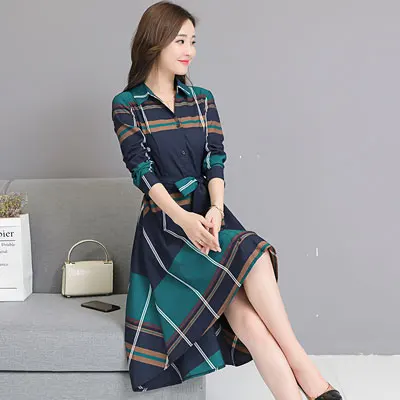 green(long sleeve ) Весенняя Новинка, женская одежда, корейская мода, неравномерное приталенное платье для похудения, летнее, длинное, с коротким рукавом, в клетку, с узким поясом, миди платье - Цвет: green(long sleeve )