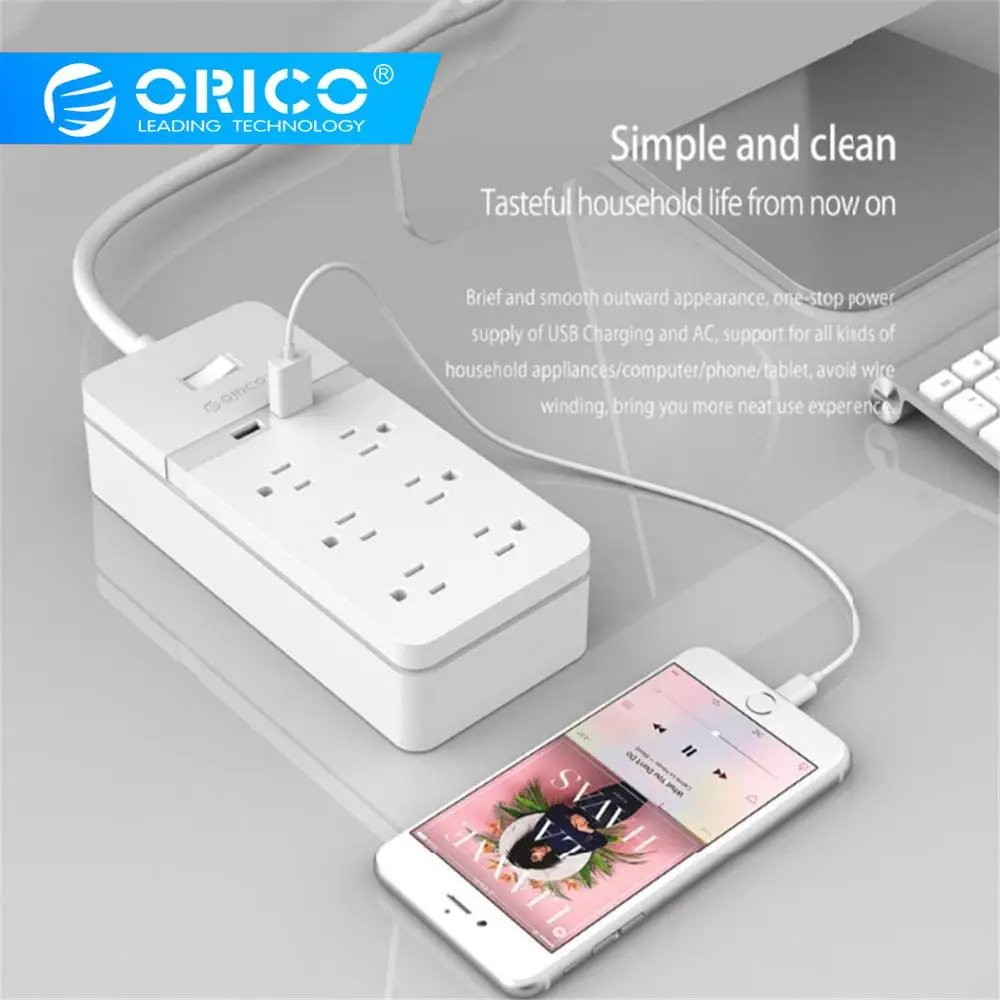 ORICO 6 AC Outlet Защита от перенапряжения с 2 USB зарядными портами умная Многополосная