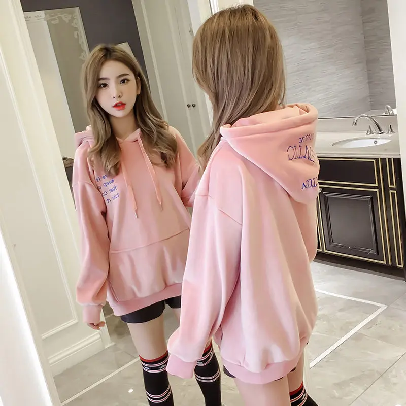 

Gold Velvet Letters Embroidered Women's Hoodies 2019 New Autumn Winter Plus Velvet Thick Loose Hooded Sweatshirts Tide LQ642