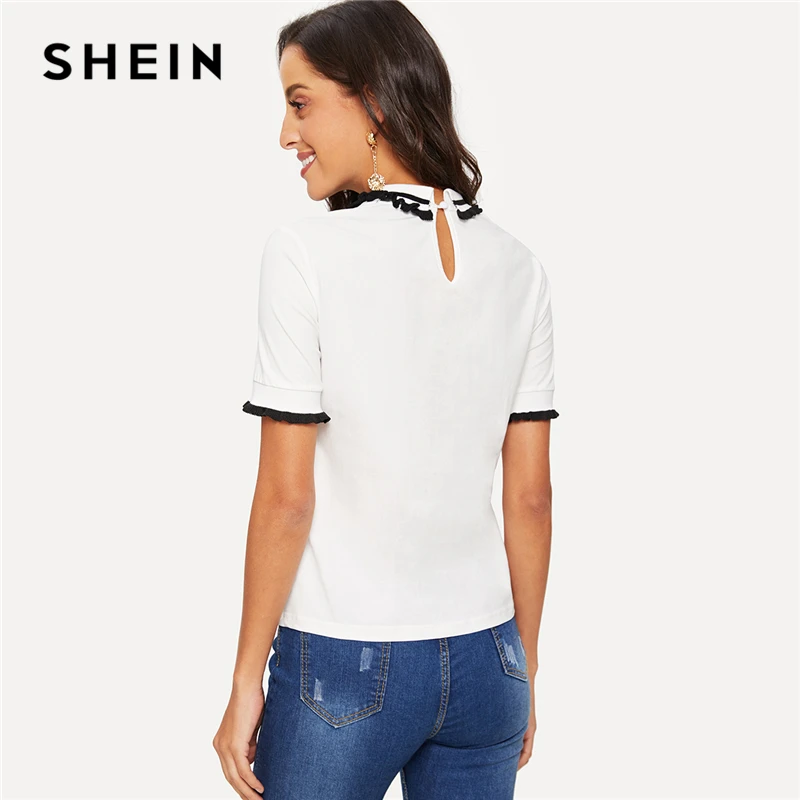 SHEIN Футболка На Пуговицах С Рюшами, Детский Топ С Коротким Рукавом И Контрастной Отделкой, Топ Для Девочки