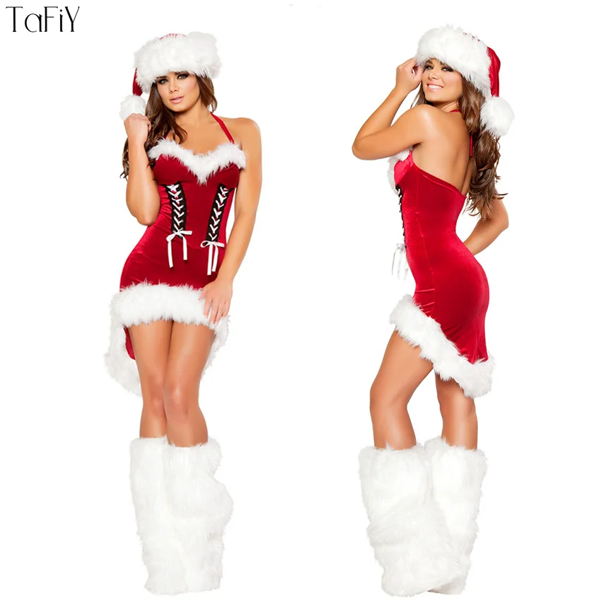 

TaFiY 3 PCS Hot Sell Sexy Women Christmas Santa Costume Red Velvet Strappy One Size Women Xmas Cosplay Umiform Halloween Costume