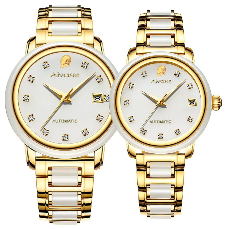 Couple watch Топ бренд изумрудные полые автоматические водонепроницаемые мужские каменные механические часы Пара часы Женские нефритовые часы Relogio Masculino - Цвет: Couple watch