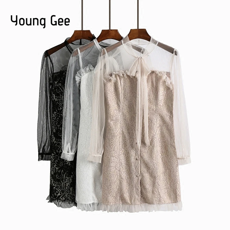 Young Gee/2019 весеннее женское милое газовое платье отделанное агарные кружева