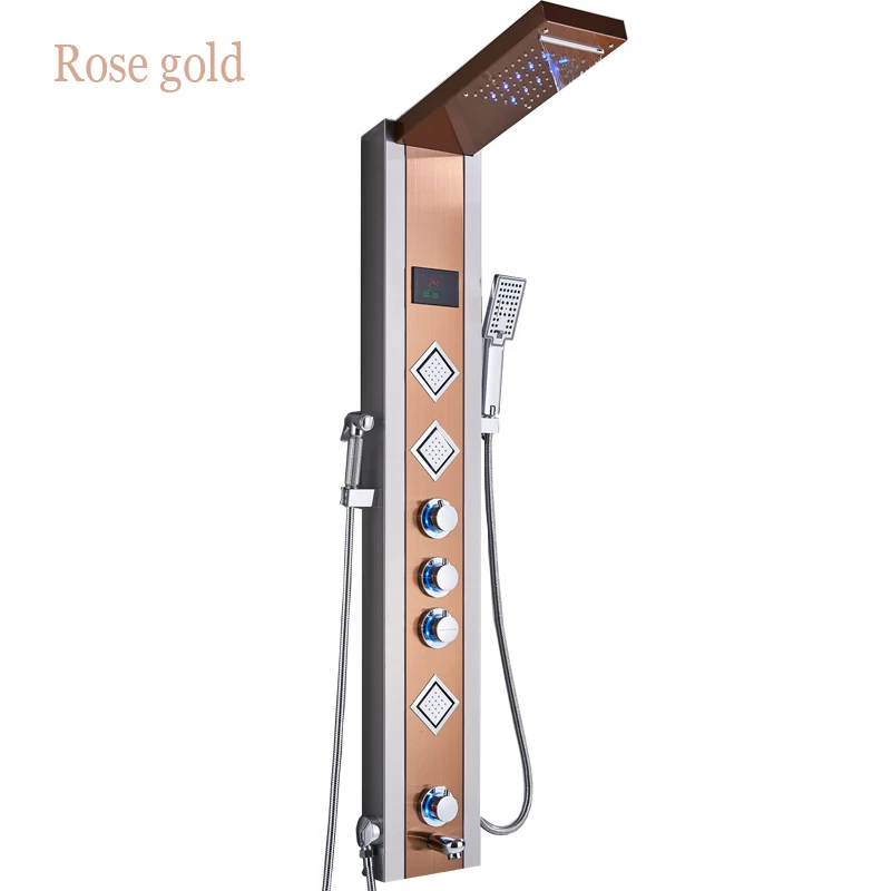 Rose gold Набор для душа из нержавеющей стали, светодиодный Термостатический смеситель для душа, многофункциональная 6 водяных розеток, смеситель для душа и биде - Цвет: Rose gold