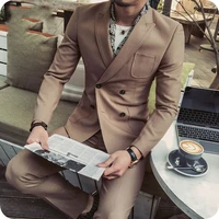custom made khaki men suits for business peaked lapel double breasted slim fit male blazer jacket pants 2piece costume homme