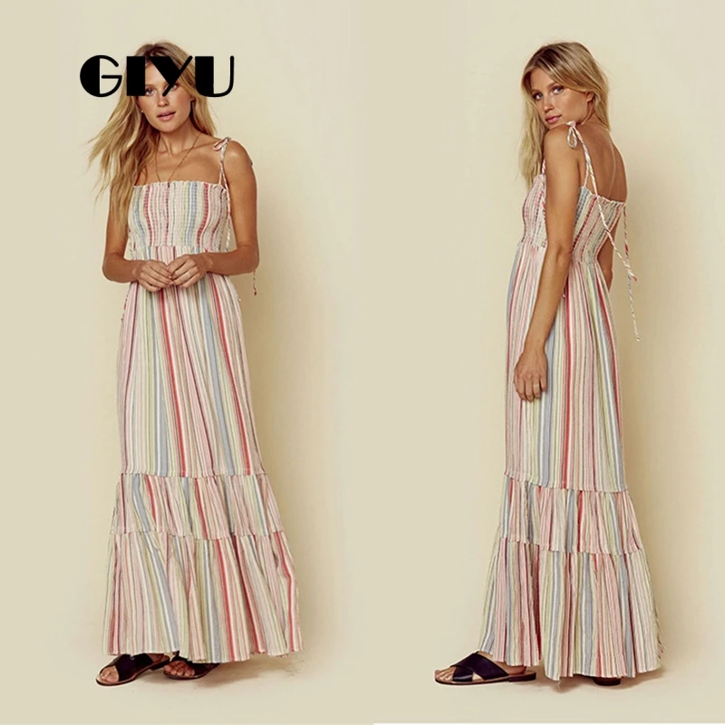 GIYU женское Макси платье с принтом на бретелях длинное Vestido секси галстук-ап