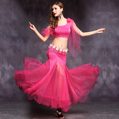 Rose red Suit Подарочный костюм для танца живота(Топы+ юбки) для дам зеленый синий розовый модал юбки с бретелями женские бальные индийские вечерние костюмы Y071 - Цвет: Rose red Suit