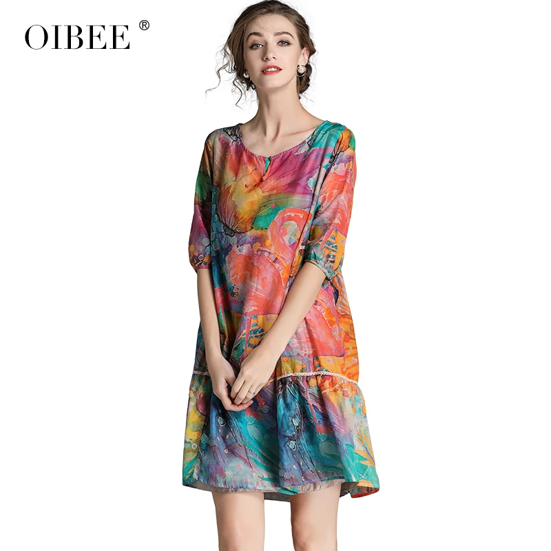 OIBEE, летние, с цветочным принтом, повседневные, трапециевидные, мини, для женщин, с круглым вырезом, половина рукава, размера плюс, свободные шорты, платья, Vestidos, женские - Цвет: Photo Color