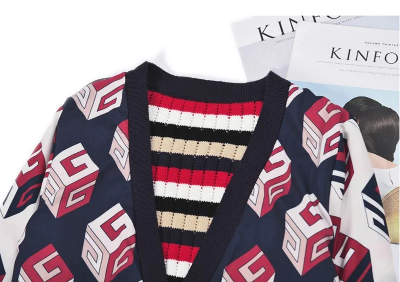 JOYDU Runway Vintage Stripes Cardigans Female 2018 New Fashion Geometric Lining V-neck Jersey Knitting Sweater Women Jacket |