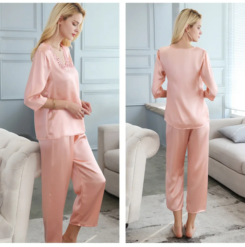 T77171 New Fashion Silk Pajamas Women Summer Clothing two-piece 100% Silk Sleepwear spring and Autumn Pajama Sets