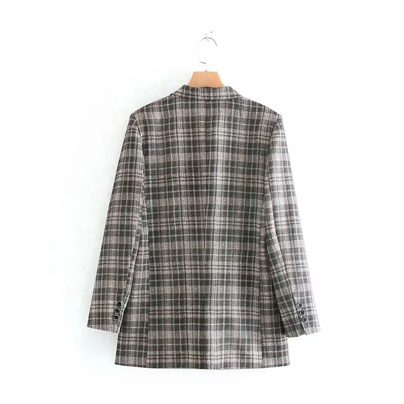 NSZ Women Checked Jacket Vintage Plaid Blazer Office Lady Coat Long Sleeve Double Breasted Pocket Decoration Outerwear | Женская одежда