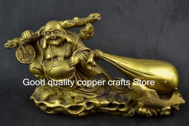 

China Handwork brass Carving Maitreya Buddha Carry Sack Of Gold Coin wealth Statue