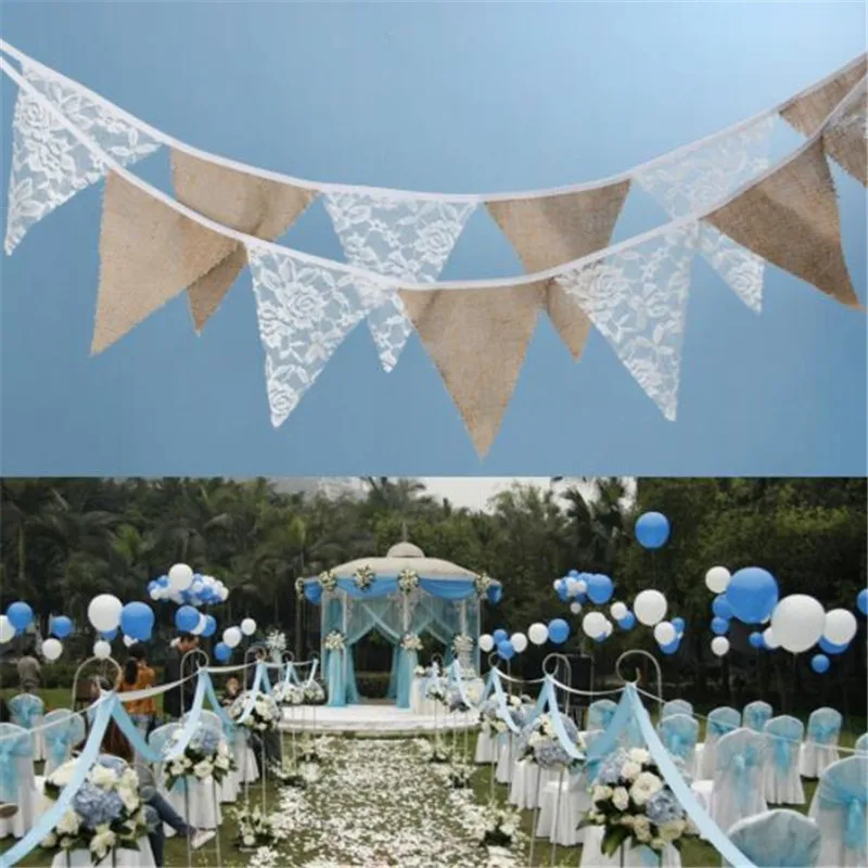 11pcs Rustic Linen Pennant Banner Hessian Bunting Mix White Floral Lace Flags for Wedding Birthday Party Outdoor Home Decoration