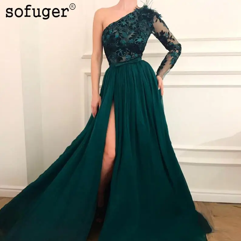 Зеленый Зеленый Высокий разрез Apliques одно плечо вечернее платье Выпускной Vestidos De Fiesta Формальное вечернее платье Арабский мусульманский особых случаев - Цвет: Зеленый