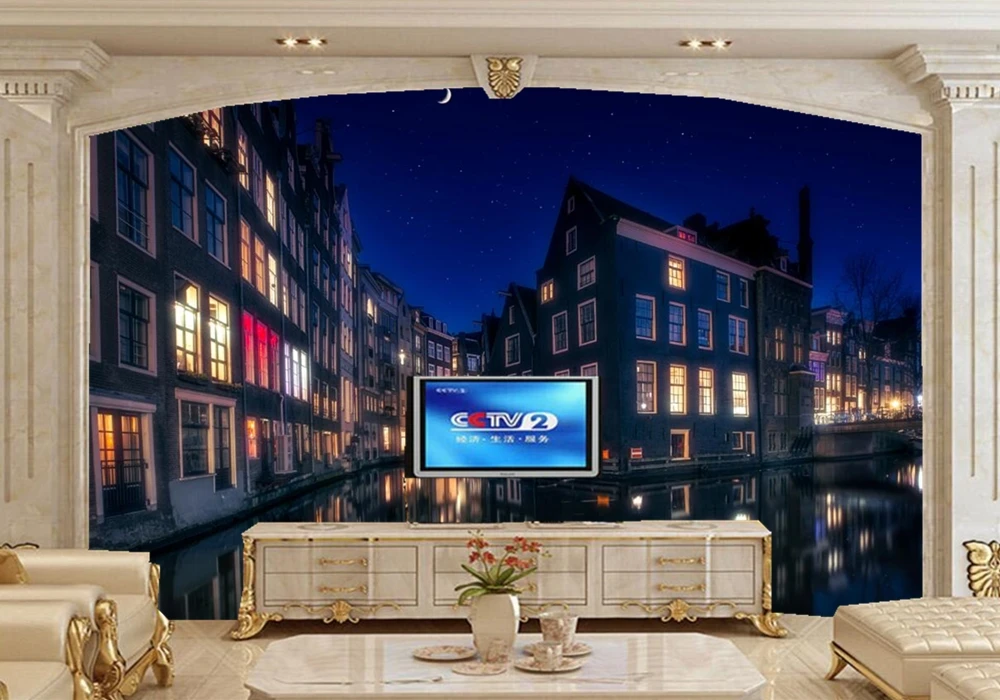 3d обои papel de parede Amsterdam House river city building Настенные для гостиной телевизора дивана