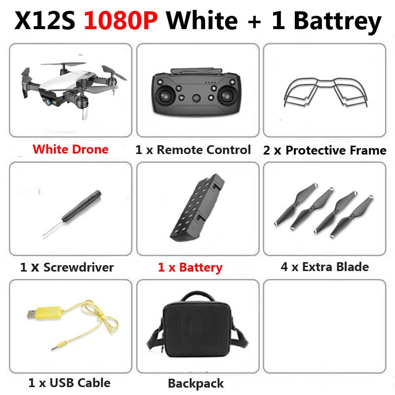 1080P White 1B Bag X12S мини складной Дрон с камерой 4K 1080P широкоугольный WiFi FPV удерживающий высоту RC Квадрокоптер Вертолет игрушка SG106 E58 - Цвет: 1080P White 1B Bag