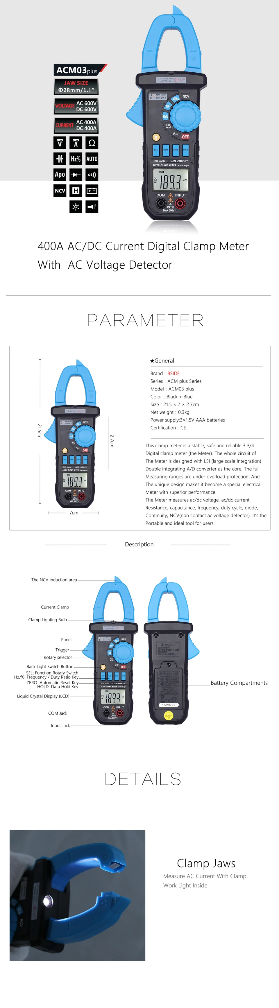 True RMS мини Цифровые токоизмерительные клещи AC/DC Ток Напряжение Авто Диапазон VFC емкость Бесконтактный мультиметр диод