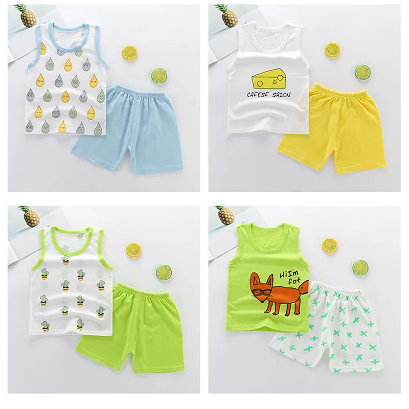 Children Cartoon Sleeveless Vest + Shorts 2pce Set Baby Girls Cotton Yellow Duck colthes Kids Boys Casual Outdoor Clothing sets | Детская