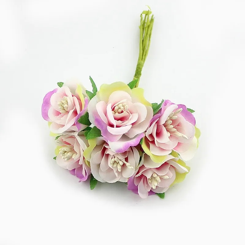 White with pink HUADODO 6 шт. 3 см Шелковая Роза искусственная тычинка, цветок букет для скрапбукинга Свадебный Декоративный венок DIY ремесло цветы - Цвет: White with pink