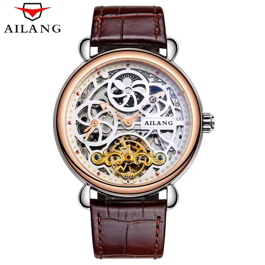 White Rose gold AILANG, мужские часы, лучший бренд, роскошные часы со скелетом, натуральная кожа, автоматическая техника, наручные часы, мужские часы, Reloj Hombre - Цвет: White Rose gold