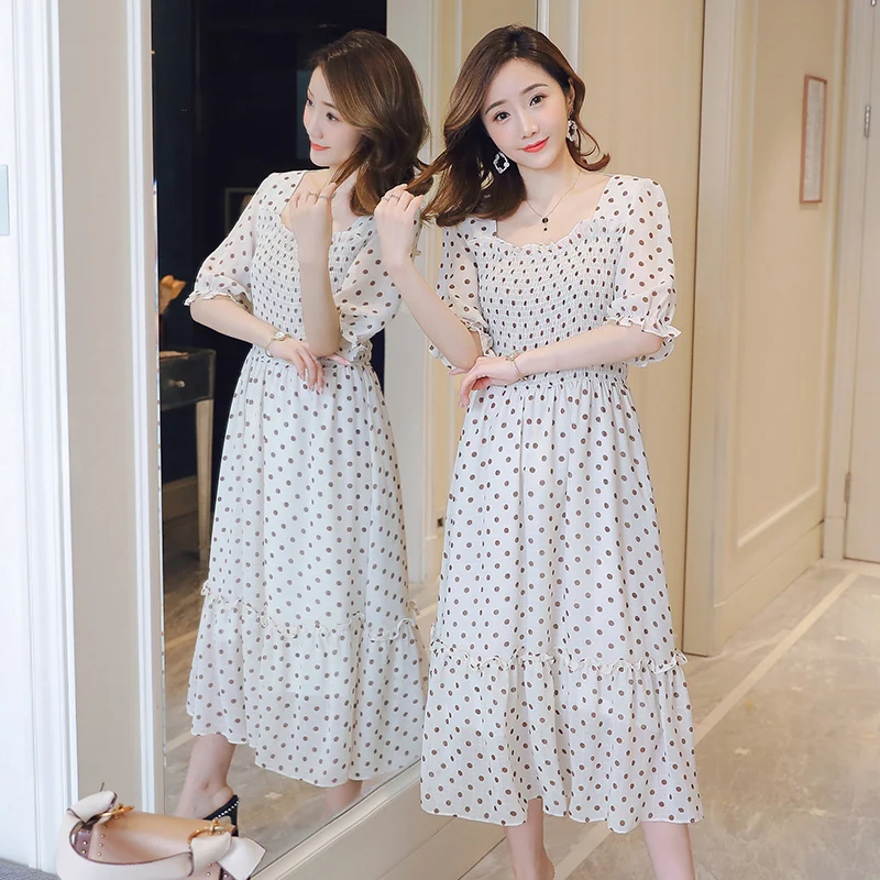 Шифоновое платье для беременных милое миди в горошек с короткими рукавами и