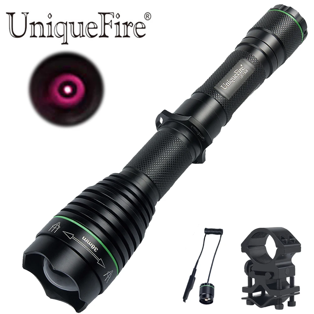UniqueFire Night Vision Hunting Flashlight 1508 IR 850nm Zoom Focus Infrared Light T38 Torch with Scope Mount, Remote Pressure