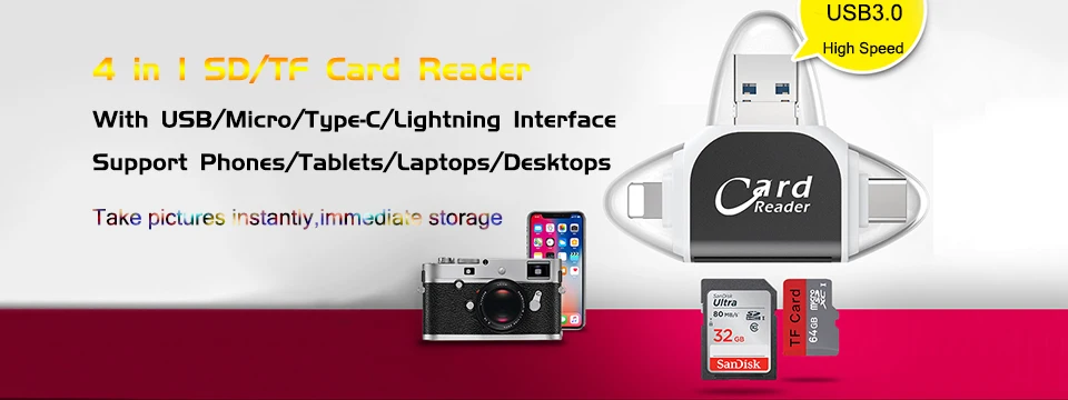 4 в 1 SD TF кард-ридер iOS type-C USB2.0 Android мульти-система совместимый адаптер портативный считыватель карт для iPhone samsung iPad