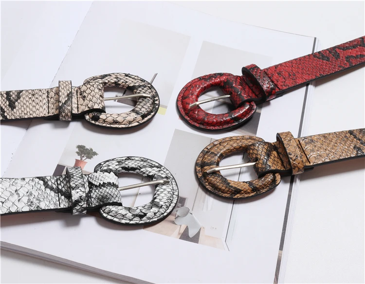 Winfox Fashion Red White 2.7cm Wide Snake Skin Belts For Women Female PU Leather Round Pin Buckle Crocodile Jeans Dress Belts