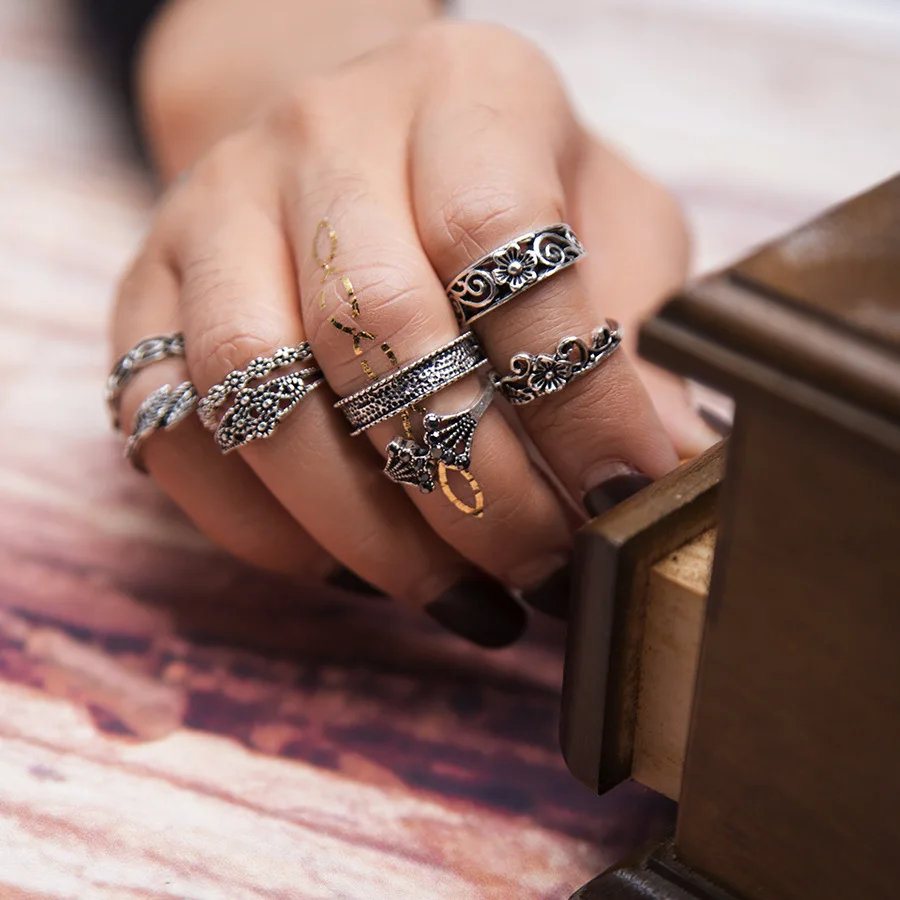 New fashion leaf tail lotus finger ring set vintage trendy jewelry gift for women girl | Украшения и аксессуары