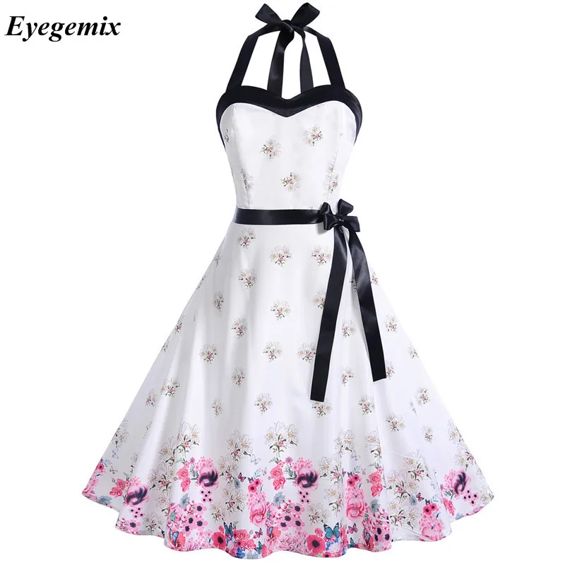 A05 Robe Femme летнее платье модное винтажное платье с цветочным принтом и лямкой на шее 50s 60s ретро женские вечерние платья в стиле рокабилли Сарафан - Цвет: A05