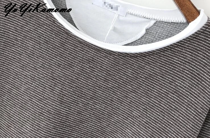 Женские топы, женские топы в полоску, весна-осень, хлопковая футболка с длинным рукавом, поддельные два, о-образный вырез, повседневные свободные топы для женщин YoYiKamomo