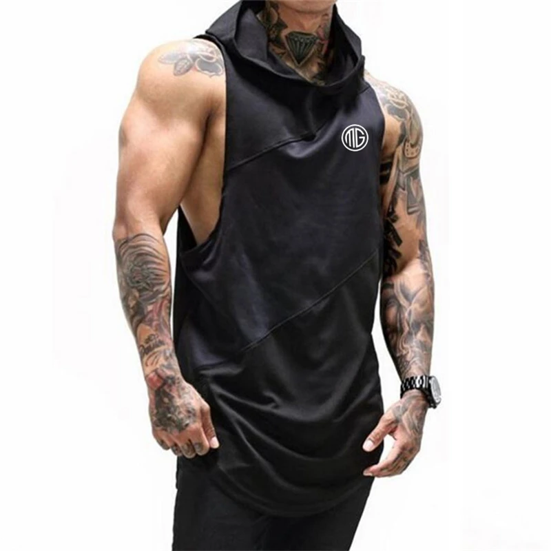 New Running Vest Gym Clothing Fitness Tank Top with hooded Mens Bodybuilding Stringers Workout Singlet Sport Sleeveless T Shirt | Спорт и