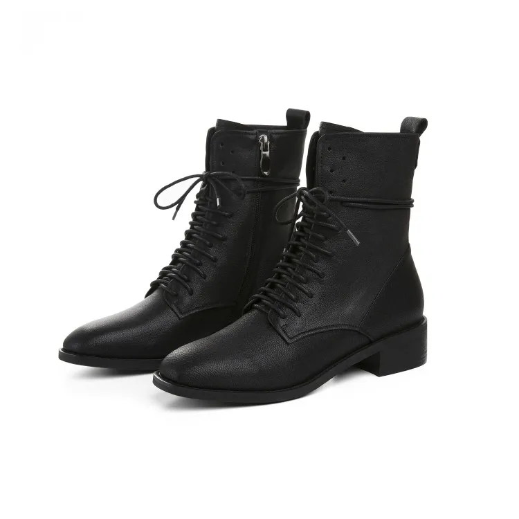 MLJUESE 2020 women ankle boots cow leather lace up round toe winter wine red color vintage low heels size 40 | Обувь